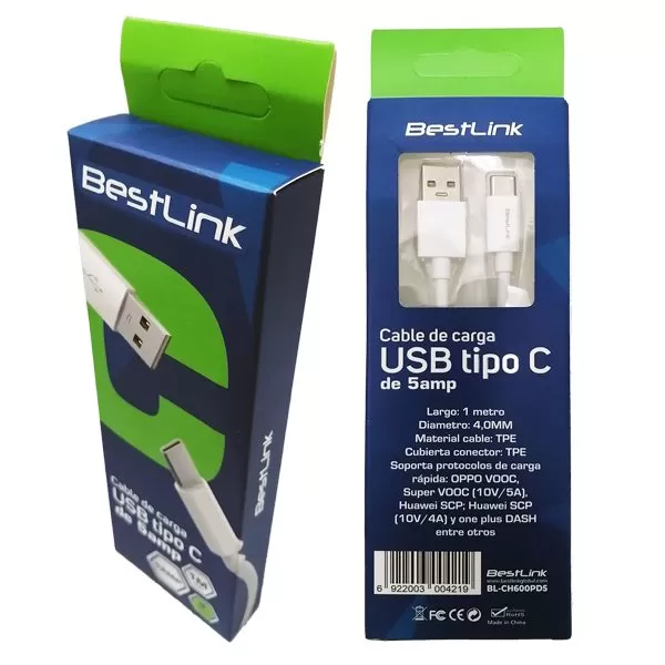 Cable de carga super rapida USB C 5 Amp, 1 metro