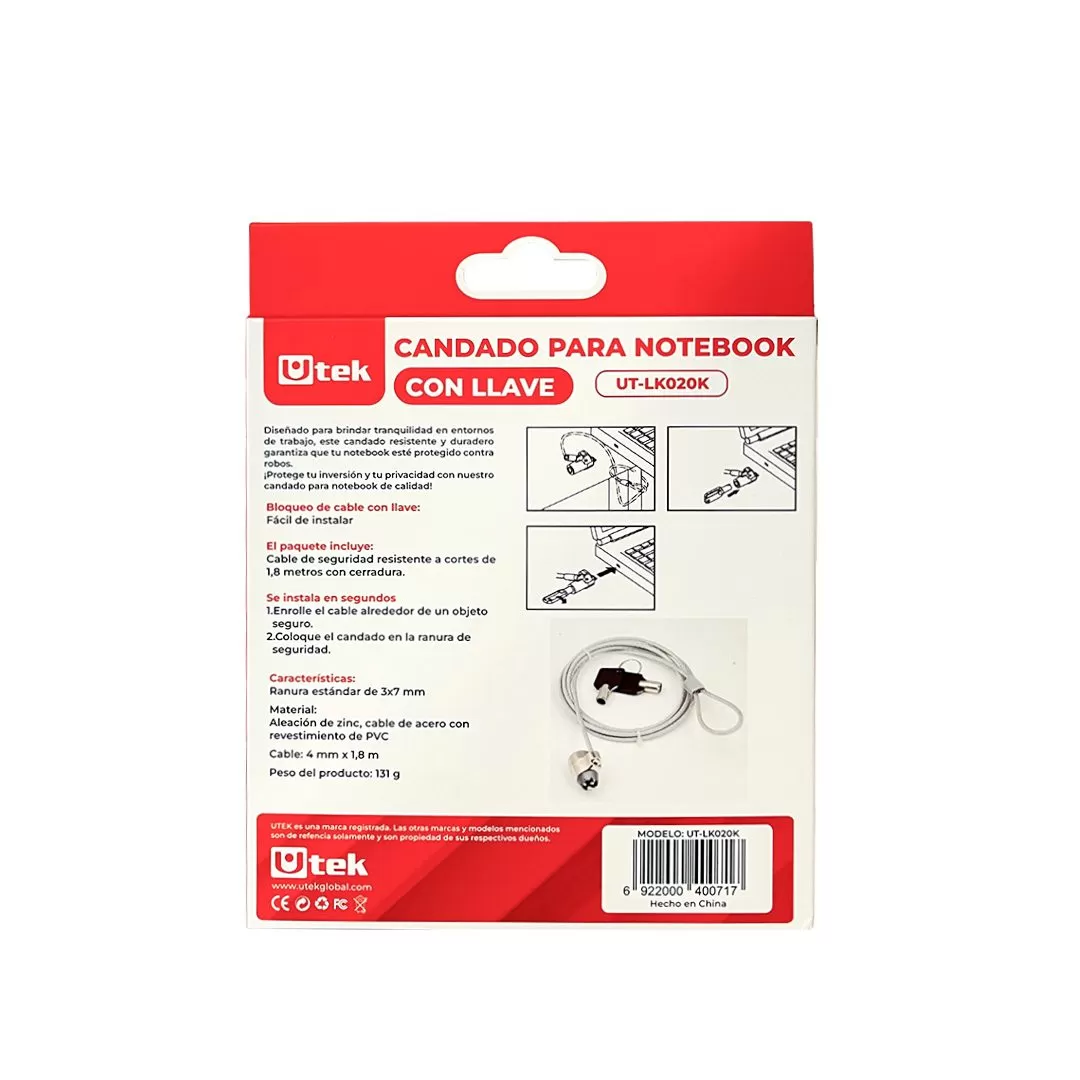 Cable de Seguridad Notebooks | Con llave 1.8 Mts | UTEK UT-LK020K - Imagen 3